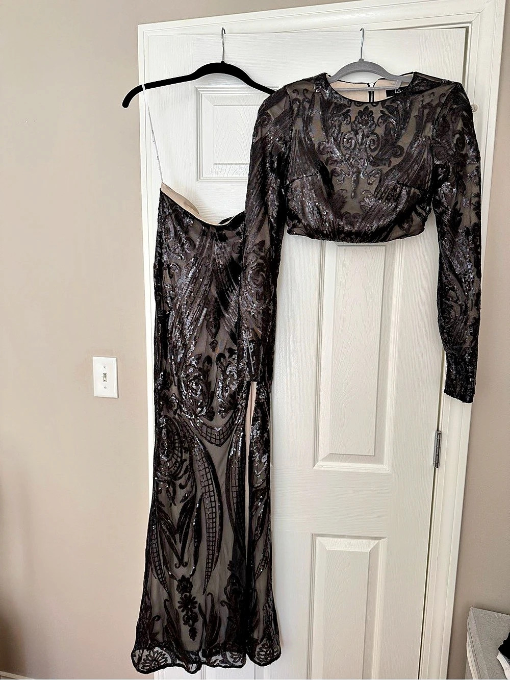 Lulus Luxe Aesthetic Black Sequin Long Sleeve Two-Piece Maxi Dress Maxi Dress XS